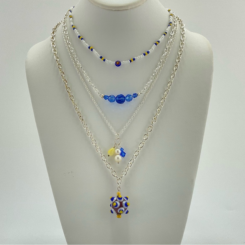 Colorful Layered Necklace Set, Handmade, White Pearls, Art Glass, Crystals